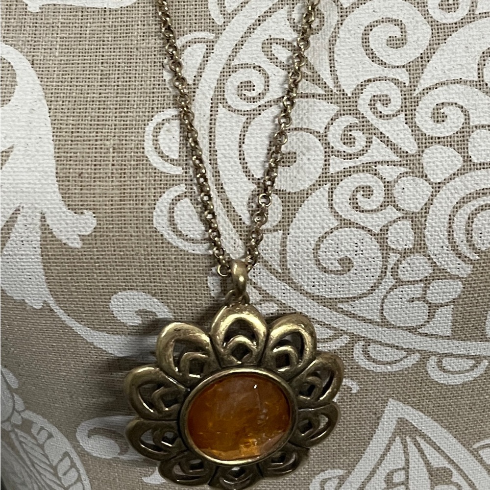 Lucky Brand Gold-Tone Floral Pendant with Amber Center